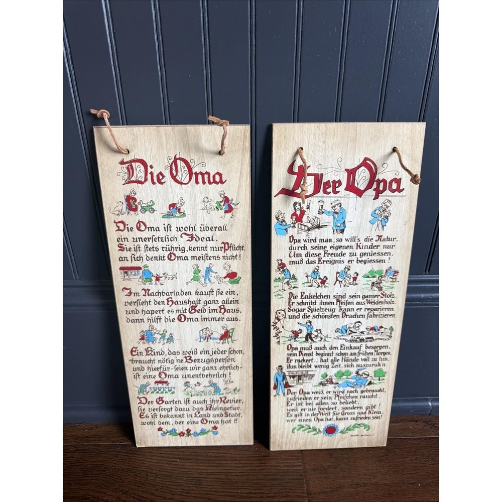 2 Vtg German Novelty Wooden Plaques Wall Decor‎ Der Opa & Die Oma 14.5x5"